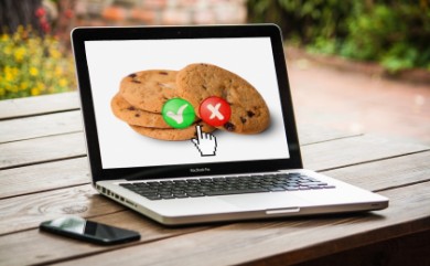 Zdjęcie przedstawia otwarty laptop ze zdjęciem ciasteczek 